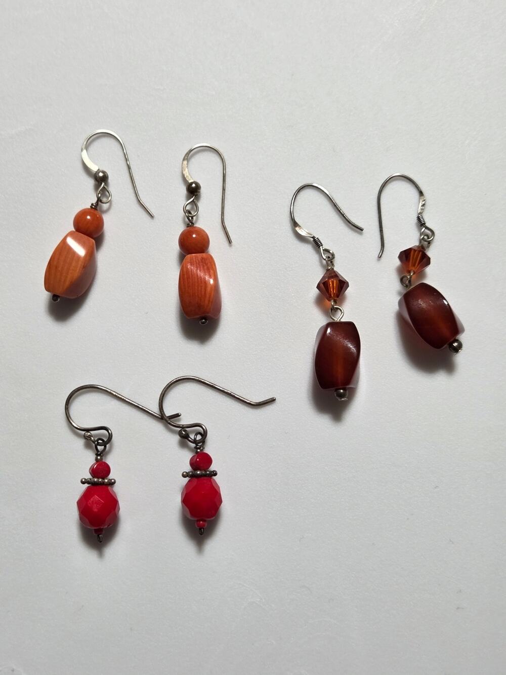 Lot of 3 Sterling Silver 925 Beaded Dangle Earrings Red Brown Orange Boho